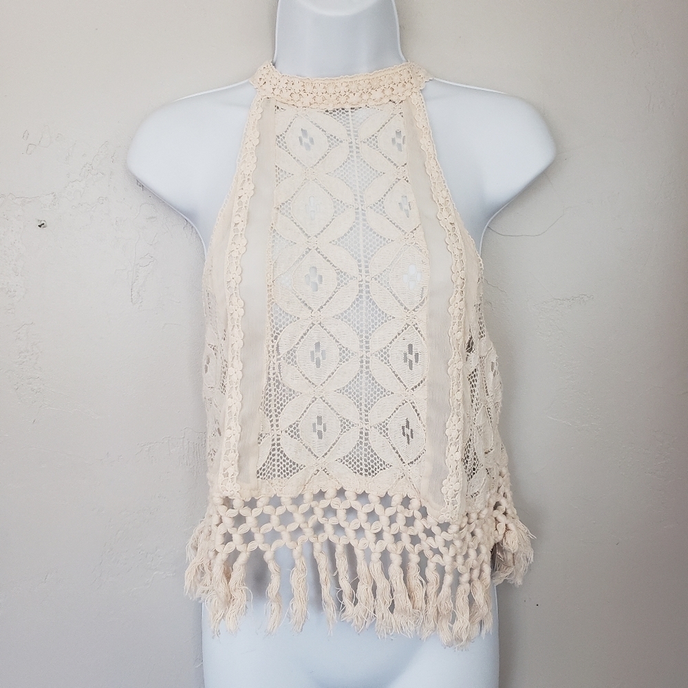 Clover + Scout Women's Small Ivory Beige Lace Halter Crop Top Fringe Boho Blouse
